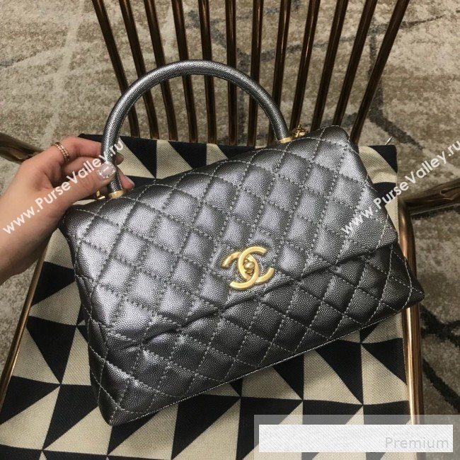 Chanel Coco Handle Metallic Grained Calfskin Medium Flap Top Hnadle Bag Silver 2019 (JDH-9062650)