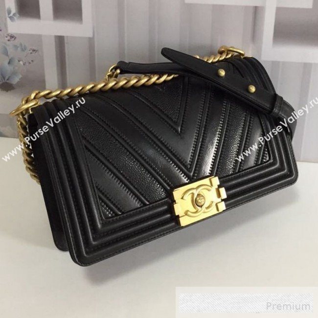 Chanel Chevron Patchwork Calfskin Medium Classic Boy Flap Bag Black 2019 (FM-9062664)