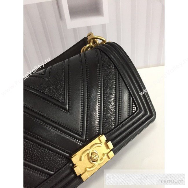 Chanel Chevron Patchwork Calfskin Medium Classic Boy Flap Bag Black 2019 (FM-9062664)