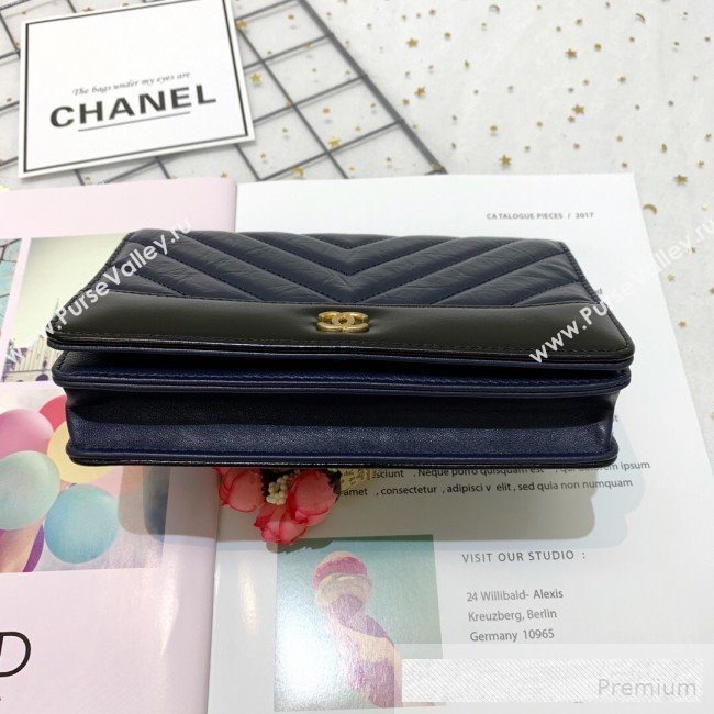 Chanel Chevron Crinkled Calfskin Gabrielle Wallet on Chain WOC Bag A86025 Dark Blue  (SSZ-9062666)