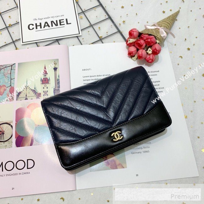 Chanel Chevron Crinkled Calfskin Gabrielle Wallet on Chain WOC Bag A86025 Dark Blue  (SSZ-9062666)