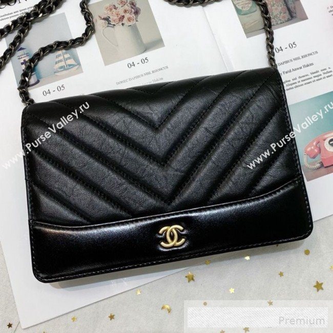 Chanel Chevron Crinkled Calfskin Gabrielle Wallet on Chain WOC Bag A86025 Black (SSZ-9062667)