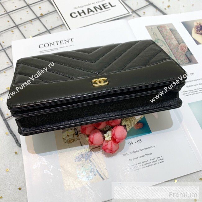 Chanel Chevron Crinkled Calfskin Gabrielle Wallet on Chain WOC Bag A86025 Black (SSZ-9062667)