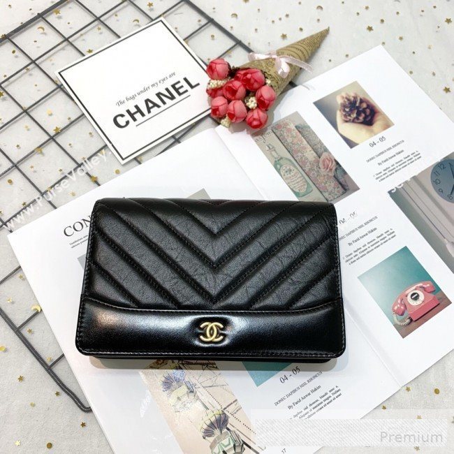 Chanel Chevron Crinkled Calfskin Gabrielle Wallet on Chain WOC Bag A86025 Black (SSZ-9062667)