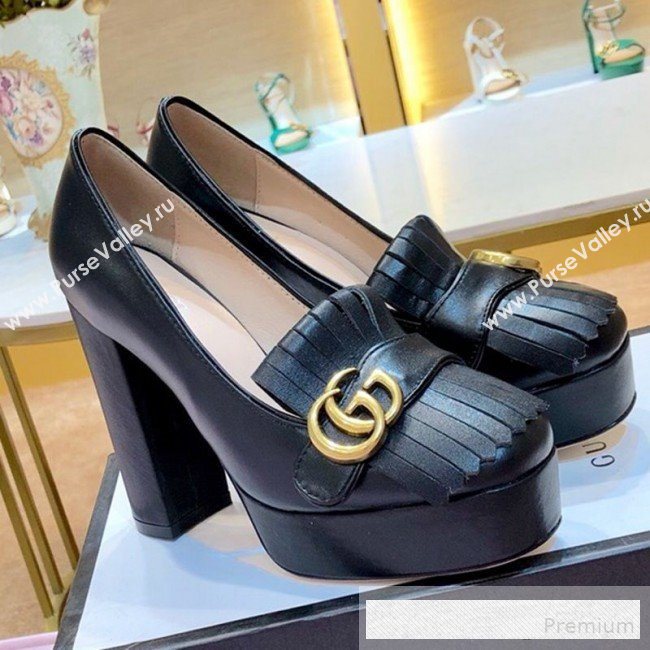 Gucci Calfskin Leather Heel Platform Pump with Fringe 573019 Black 2019 (1054-9062836)