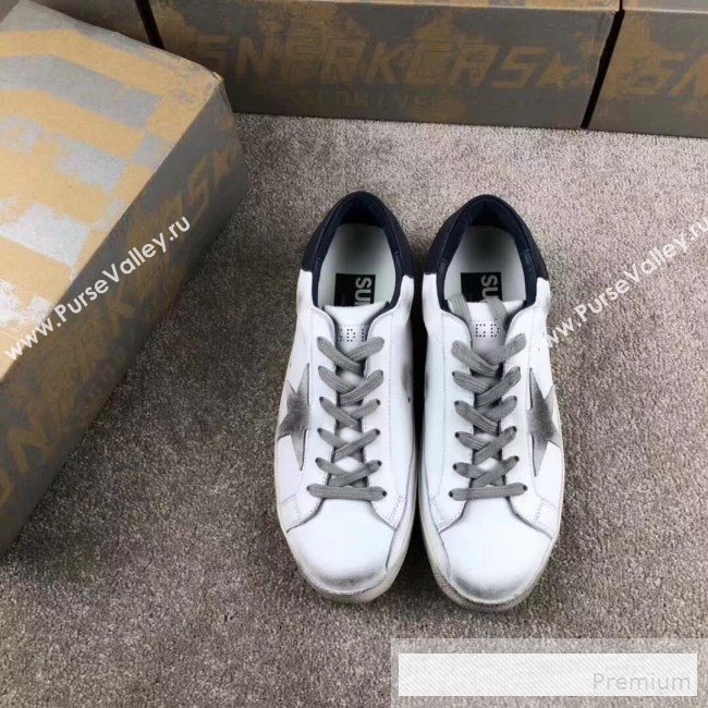 Golden Goose GGDB Calfskin Leather Star Sneaker White/Navy Blue Tail (For Women and Men) (2081-9062869)