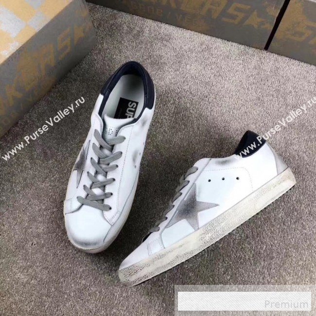 Golden Goose GGDB Calfskin Leather Star Sneaker White/Navy Blue Tail (For Women and Men) (2081-9062869)