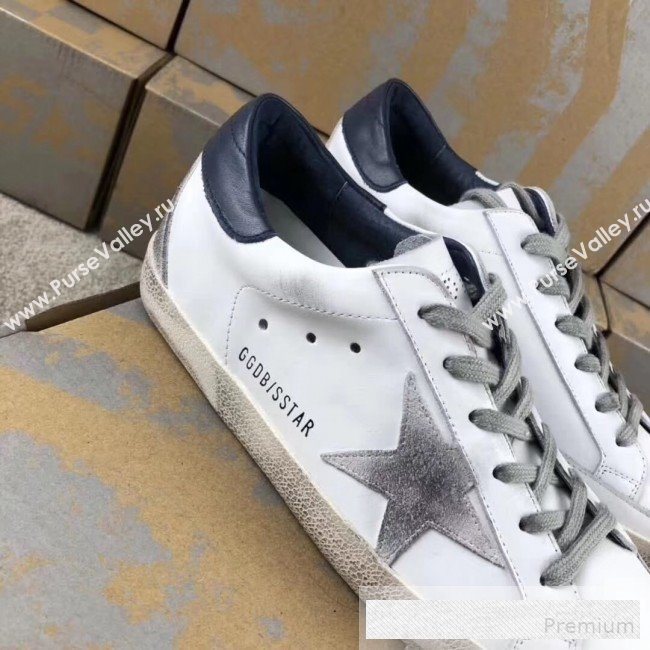 Golden Goose GGDB Calfskin Leather Star Sneaker White/Navy Blue Tail (For Women and Men) (2081-9062869)