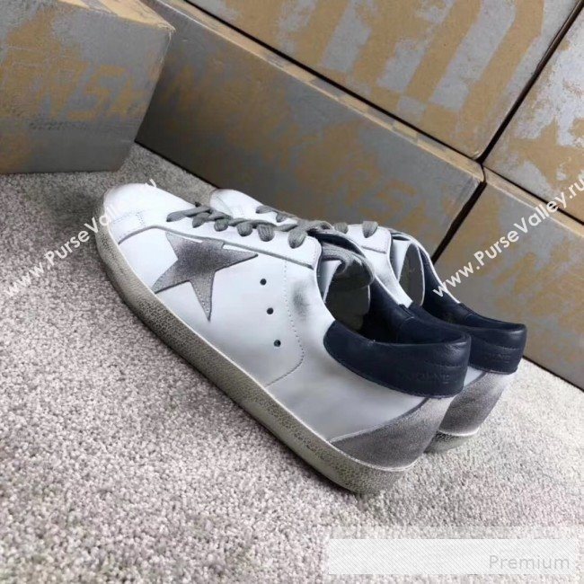 Golden Goose GGDB Calfskin Leather Star Sneaker White/Navy Blue Tail (For Women and Men) (2081-9062869)
