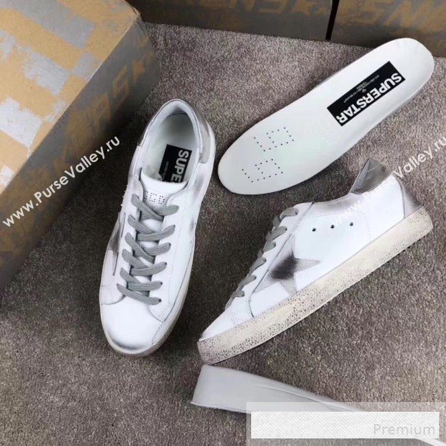 Golden Goose GGDB Calfskin Leather Star Sneaker White/Grey/SilverTail (For Women and Men) (2081-9062875)