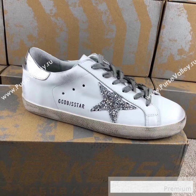 Golden Goose GGDB Calfskin Leather Star Sneaker White/Silver Sequins/Silver Tail (For Women and Men) (2081-9062876)