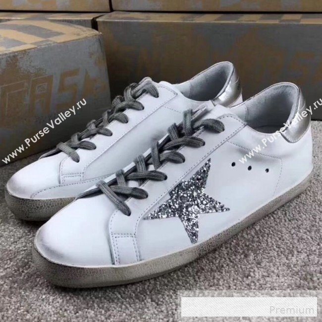 Golden Goose GGDB Calfskin Leather Star Sneaker White/Silver Sequins/Silver Tail (For Women and Men) (2081-9062876)