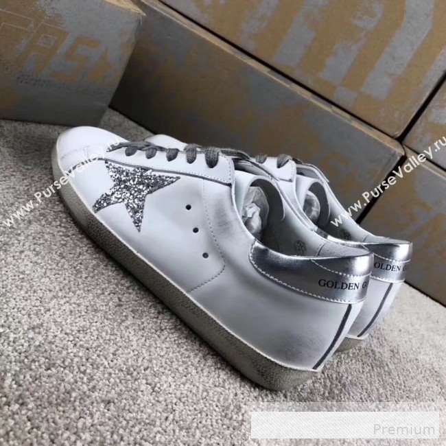 Golden Goose GGDB Calfskin Leather Star Sneaker White/Silver Sequins/Silver Tail (For Women and Men) (2081-9062876)