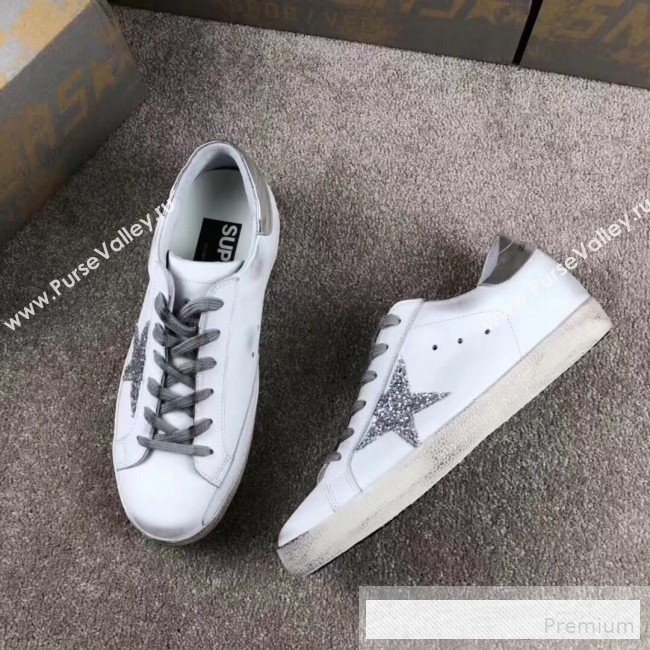 Golden Goose GGDB Calfskin Leather Star Sneaker White/Silver Sequins/Silver Tail (For Women and Men) (2081-9062876)