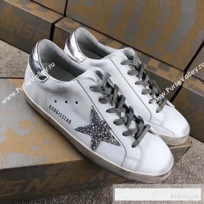 Golden Goose GGDB Calfskin Leather Star Sneaker White/Silver Sequins/Silver Tail (For Women and Men) (2081-9062876)
