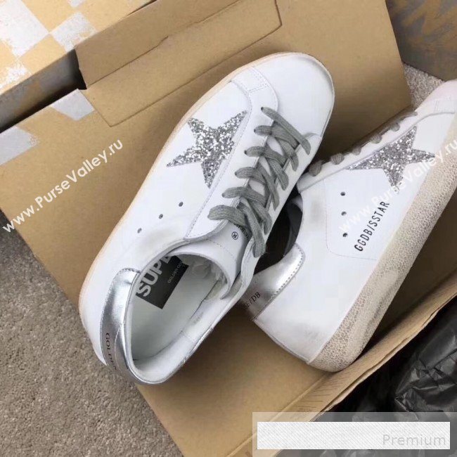 Golden Goose GGDB Calfskin Leather Star Sneaker White/Silver Sequins/Silver Tail (For Women and Men) (2081-9062876)
