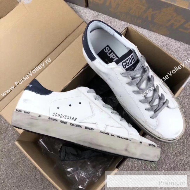 Golden Goose GGDB Calfskin Leather Star Sneaker White/Dark Blue Tail (For Women and Men) (2081-9062854)