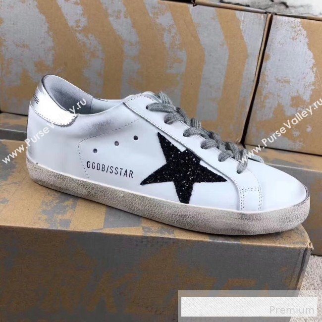 Golden Goose GGDB Calfskin Leather Star Sneaker White/Black Sequins/Silver Tail (For Women and Men) (2081-9062855)