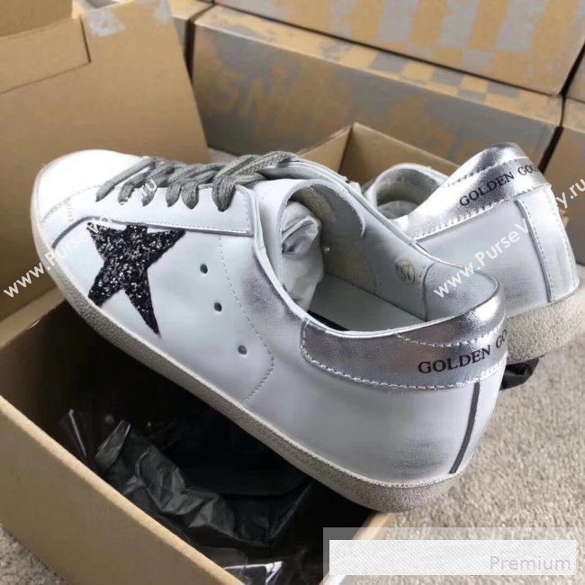 Golden Goose GGDB Calfskin Leather Star Sneaker White/Black Sequins/Silver Tail (For Women and Men) (2081-9062855)
