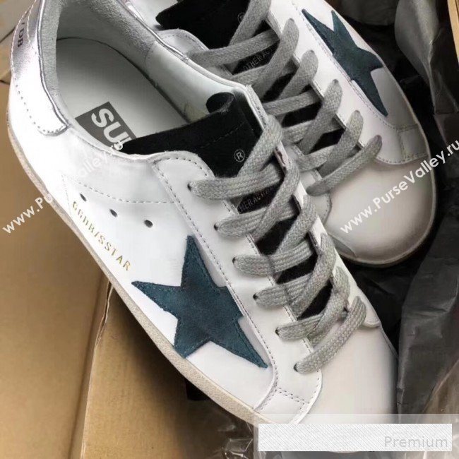 Golden Goose GGDB Calfskin Leather Star Sneaker White/Blue/Silver Tail (For Women and Men) (2081-9062856)
