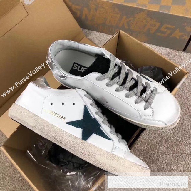 Golden Goose GGDB Calfskin Leather Star Sneaker White/Blue/Silver Tail (For Women and Men) (2081-9062856)