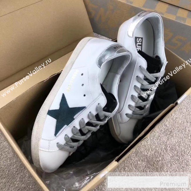 Golden Goose GGDB Calfskin Leather Star Sneaker White/Blue/Silver Tail (For Women and Men) (2081-9062856)