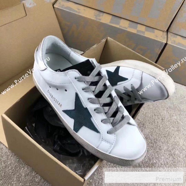 Golden Goose GGDB Calfskin Leather Star Sneaker White/Blue/Silver Tail (For Women and Men) (2081-9062856)