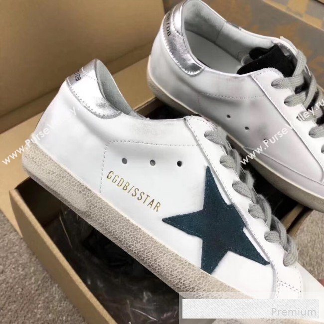 Golden Goose GGDB Calfskin Leather Star Sneaker White/Blue/Silver Tail (For Women and Men) (2081-9062856)