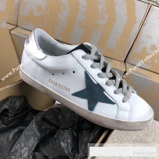 Golden Goose GGDB Calfskin Leather Star Sneaker White/Blue/Silver Tail (For Women and Men) (2081-9062856)