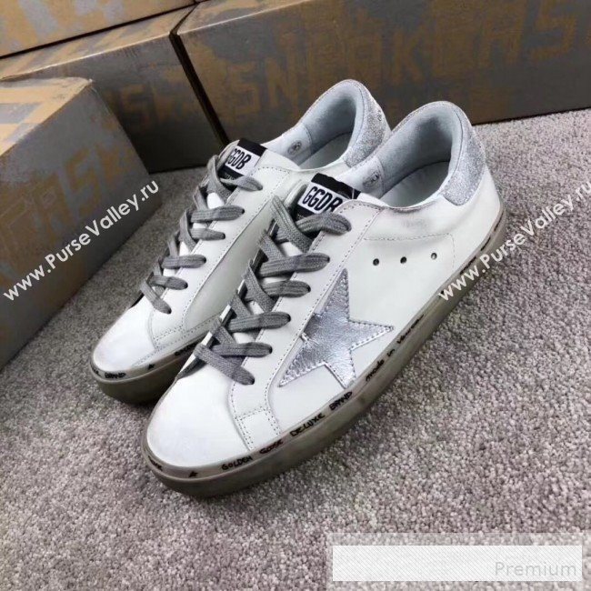 Golden Goose GGDB Calfskin Leather Star Sneaker White/Silver Tail and Star (For Women and Men) (2081-9062858)