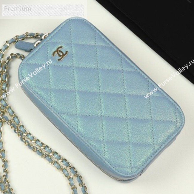 Chanel Iridescent Grained Quilted Calfskin Long Clutch with Chain Light Blue 2019 (FM-9070105)