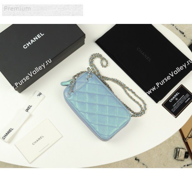 Chanel Iridescent Grained Quilted Calfskin Long Clutch with Chain Light Blue 2019 (FM-9070105)