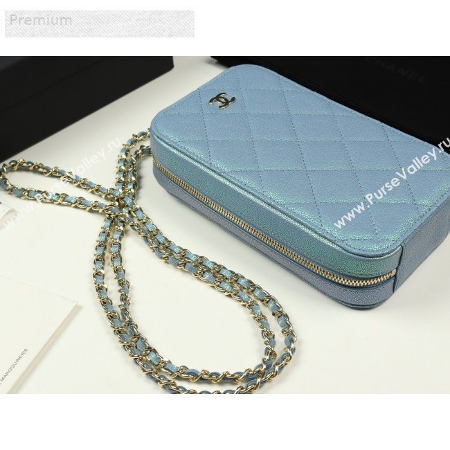 Chanel Iridescent Grained Quilted Calfskin Long Clutch with Chain Light Blue 2019 (FM-9070105)