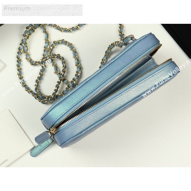 Chanel Iridescent Grained Quilted Calfskin Long Clutch with Chain Light Blue 2019 (FM-9070105)