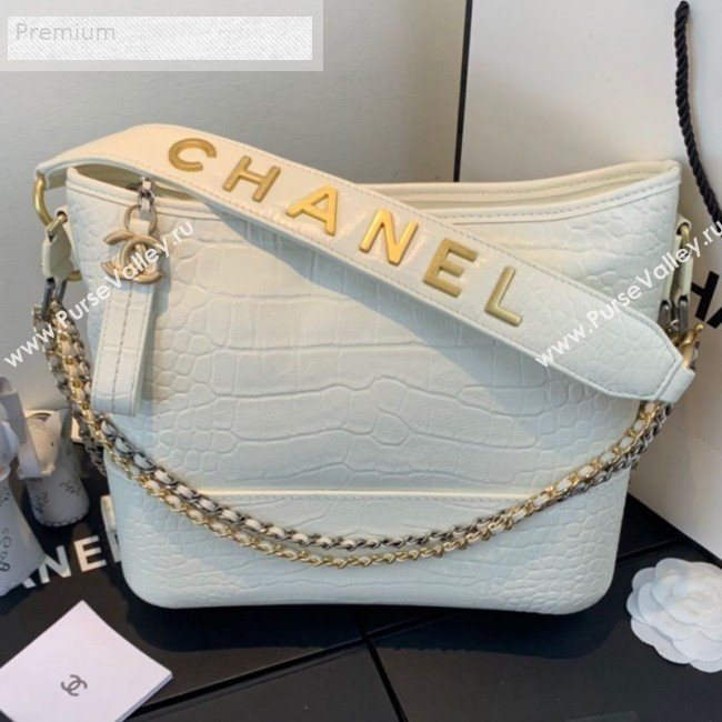 Chanel Crocodile Embossed Calfskin Gabrielle Medium Hobo Bag AS0866 White 2019 (FM-9070116)
