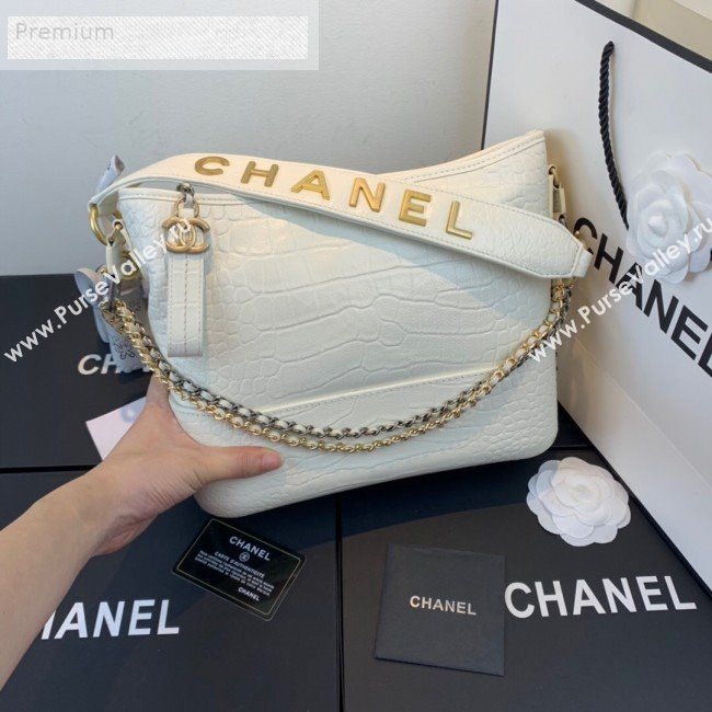 Chanel Crocodile Embossed Calfskin Gabrielle Medium Hobo Bag AS0866 White 2019 (FM-9070116)