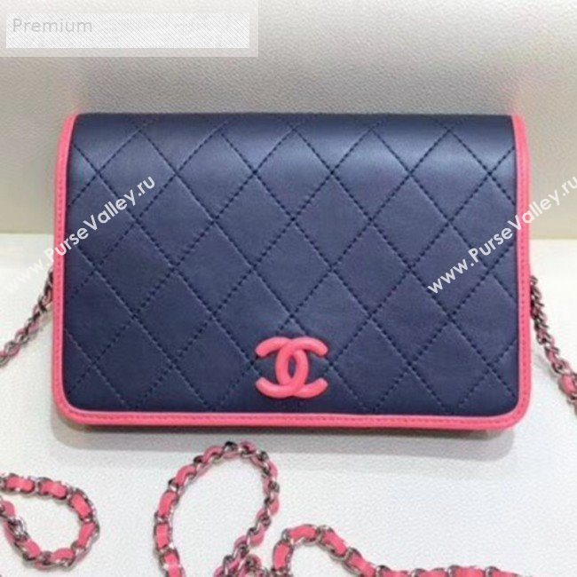 Chanel Contrasting Trim Quilted Lambskin Flap Wallet on Chain WOC AP0059 Dark Blue/Pink 2019 (SMJD-9070121)