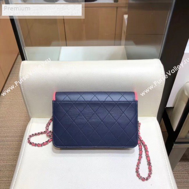 Chanel Contrasting Trim Quilted Lambskin Flap Wallet on Chain WOC AP0059 Dark Blue/Pink 2019 (SMJD-9070121)