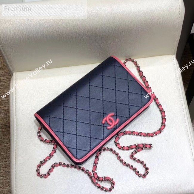 Chanel Contrasting Trim Quilted Lambskin Flap Wallet on Chain WOC AP0059 Dark Blue/Pink 2019 (SMJD-9070121)