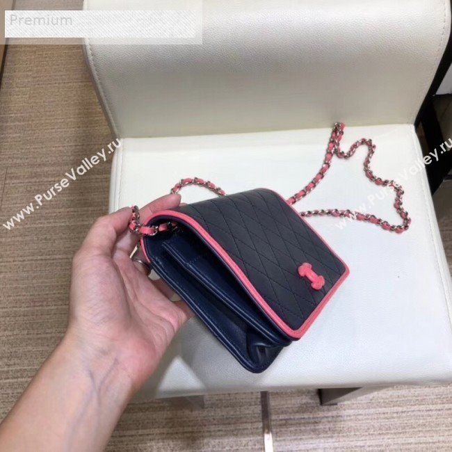 Chanel Contrasting Trim Quilted Lambskin Flap Wallet on Chain WOC AP0059 Dark Blue/Pink 2019 (SMJD-9070121)