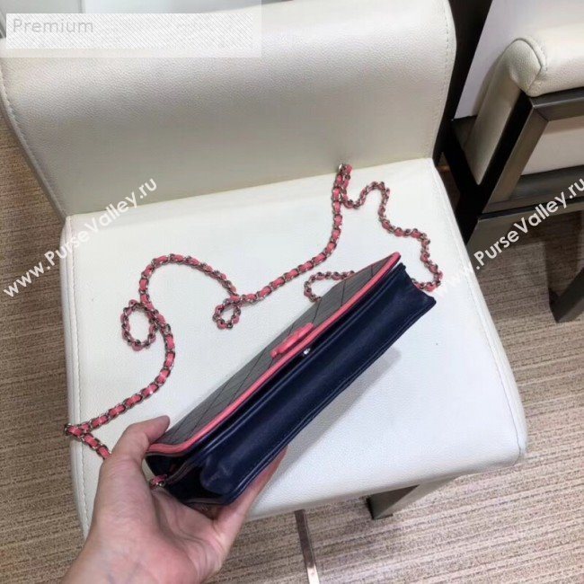 Chanel Contrasting Trim Quilted Lambskin Flap Wallet on Chain WOC AP0059 Dark Blue/Pink 2019 (SMJD-9070121)