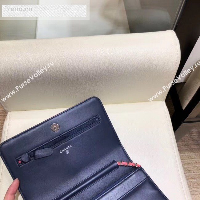 Chanel Contrasting Trim Quilted Lambskin Flap Wallet on Chain WOC AP0059 Dark Blue/Pink 2019 (SMJD-9070121)