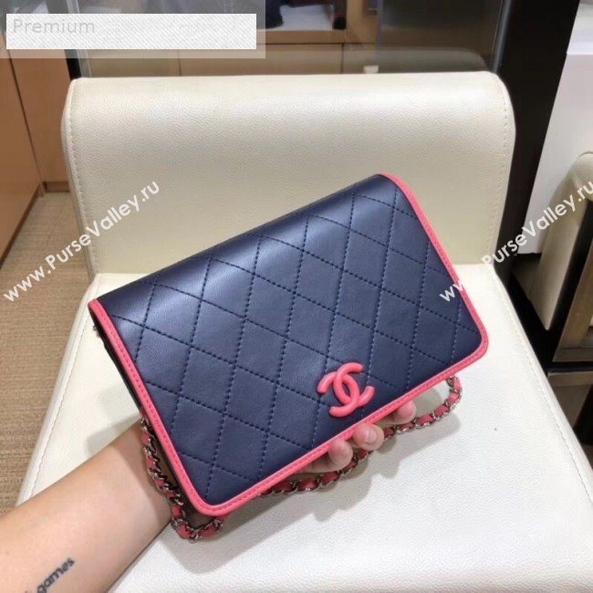 Chanel Contrasting Trim Quilted Lambskin Flap Wallet on Chain WOC AP0059 Dark Blue/Pink 2019 (SMJD-9070121)