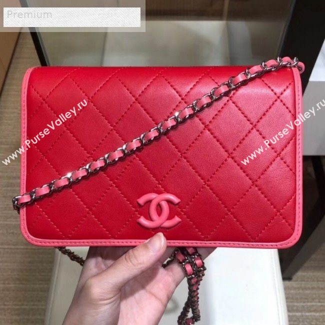 Chanel Contrasting Trim Quilted Lambskin Flap Wallet on Chain WOC AP0059 Red/Pink 2019 (SMJD-9070122)