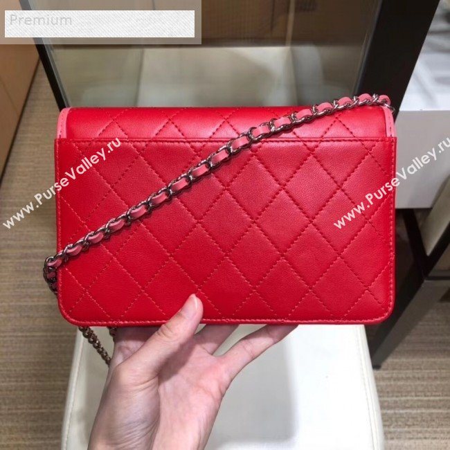 Chanel Contrasting Trim Quilted Lambskin Flap Wallet on Chain WOC AP0059 Red/Pink 2019 (SMJD-9070122)