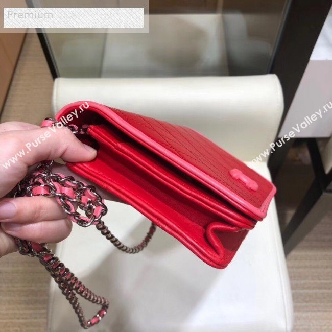 Chanel Contrasting Trim Quilted Lambskin Flap Wallet on Chain WOC AP0059 Red/Pink 2019 (SMJD-9070122)