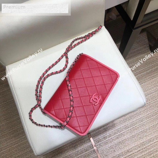 Chanel Contrasting Trim Quilted Lambskin Flap Wallet on Chain WOC AP0059 Red/Pink 2019 (SMJD-9070122)