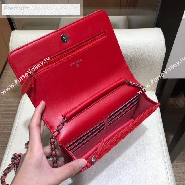 Chanel Contrasting Trim Quilted Lambskin Flap Wallet on Chain WOC AP0059 Red/Pink 2019 (SMJD-9070122)