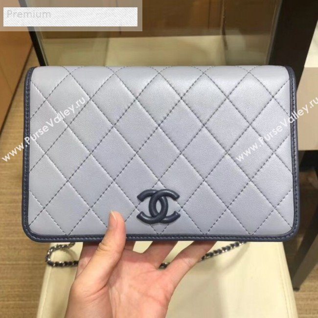 Chanel Contrasting Trim Quilted Lambskin Flap Wallet on Chain WOC AP0059 Light Gray 2019 (SMJD-9070123)