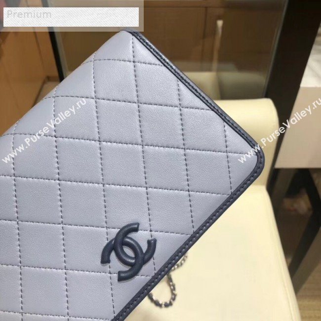 Chanel Contrasting Trim Quilted Lambskin Flap Wallet on Chain WOC AP0059 Light Gray 2019 (SMJD-9070123)